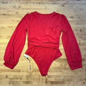 NWT Red Long Sleeve Bodysuit V Neck Ruched Waist Sexy Party Top Small